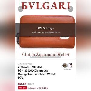SOLD on Different Site BVLGARI FGN1439070  Orange Leather Clutch Wallet ECU